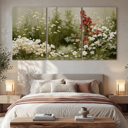 A soft meadow of white daisies and tall red blooms against a green background 3 piece canvas wall art displayed in a bedroom