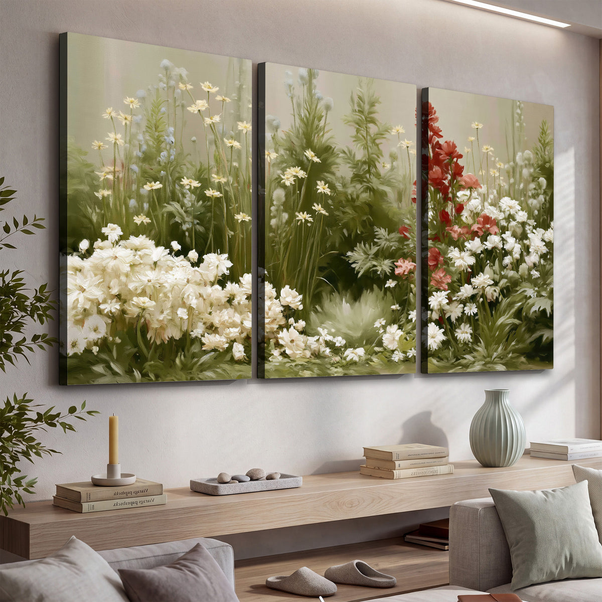 A soft meadow of white daisies and tall red blooms against a green background 3 piece canvas wall art displayed in a console
