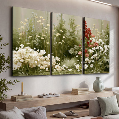 A soft meadow of white daisies and tall red blooms against a green background 3 piece canvas wall art displayed in a console