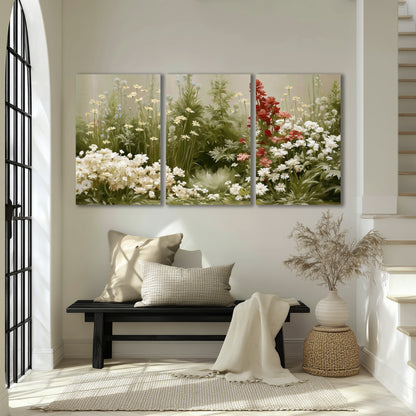 A soft meadow of white daisies and tall red blooms against a green background 3 piece canvas wall art displayed in a entryway