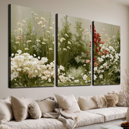 A soft meadow of white daisies and tall red blooms against a green background 3 piece canvas wall art room and product view