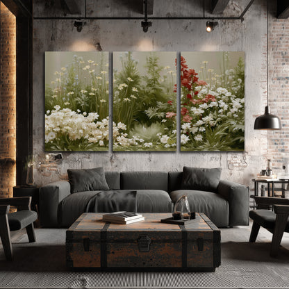A soft meadow of white daisies and tall red blooms against a green background 3 piece canvas wall art displayed in a industrial room