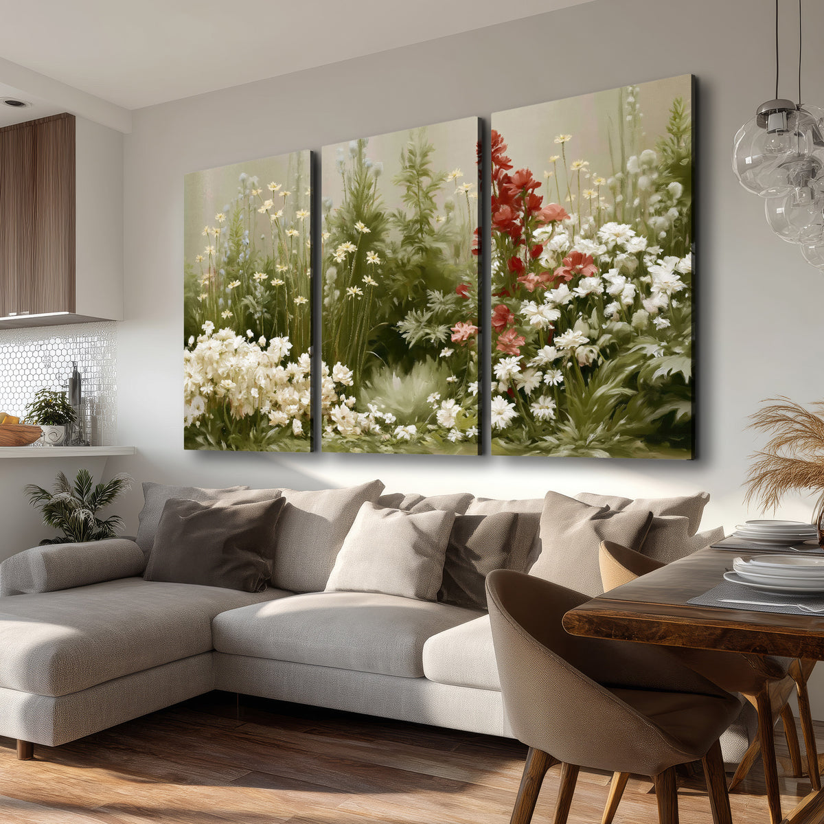 A soft meadow of white daisies and tall red blooms against a green background 3 piece canvas wall art room and product view
