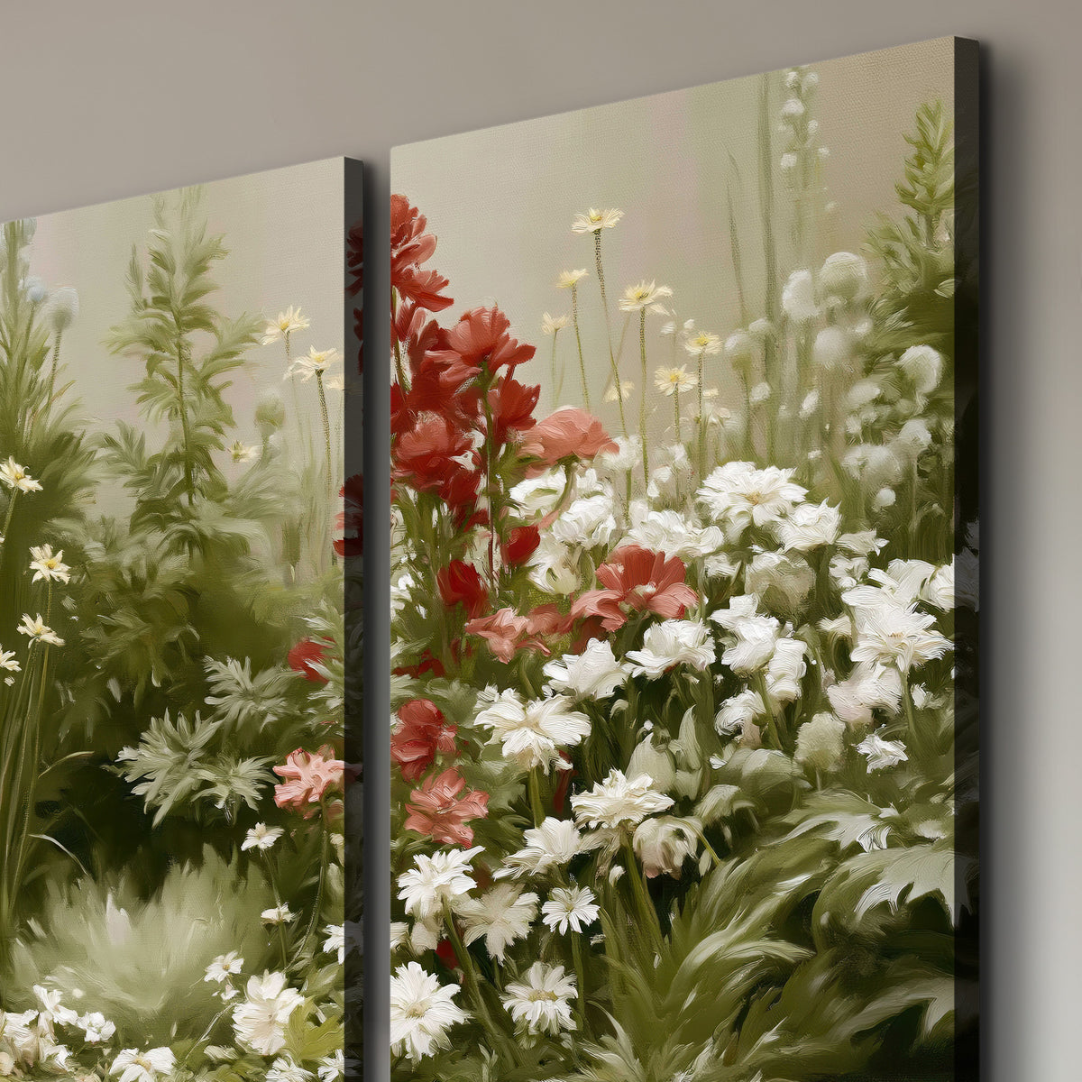 A soft meadow of white daisies and tall red blooms against a green background 3 piece canvas wall art room and product view
