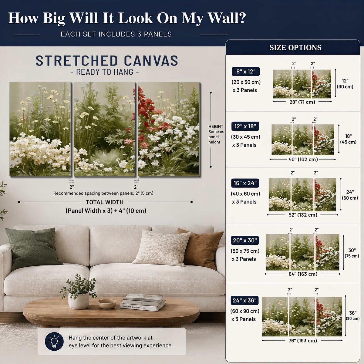 A soft meadow of white daisies and tall red blooms against a green background 3 piece canvas wall art size guide above a sofa; room view is illustrative