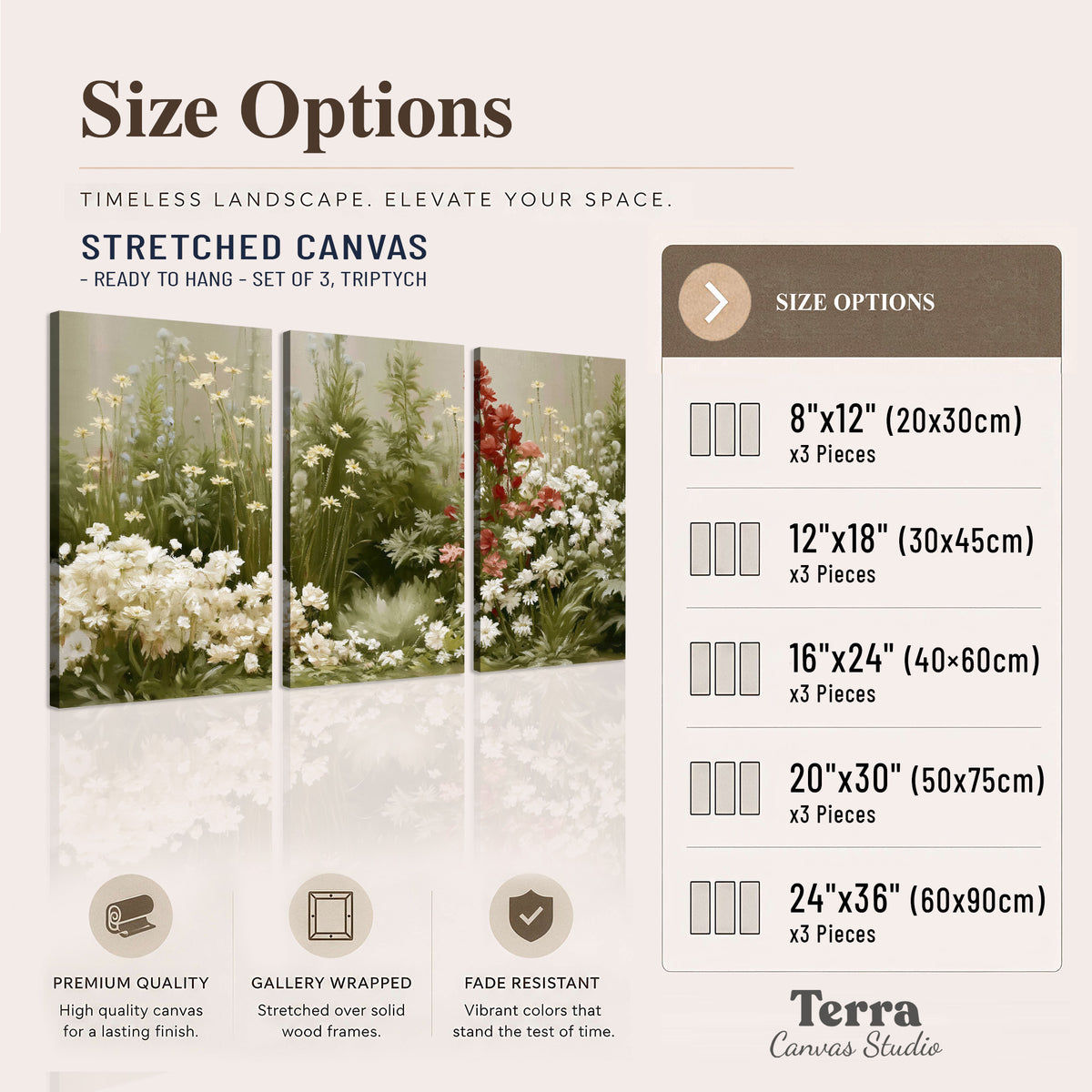 A soft meadow of white daisies and tall red blooms against a green background 3 piece canvas wall art available dimensions; triptych dimensions are per panel