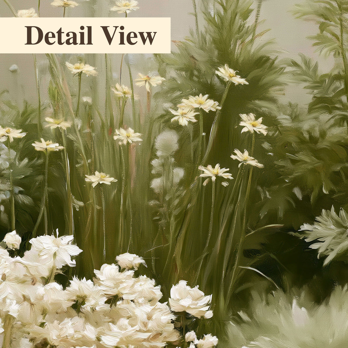 A soft meadow of white daisies and tall red blooms against a green background 3 piece canvas wall art artwork detail close up