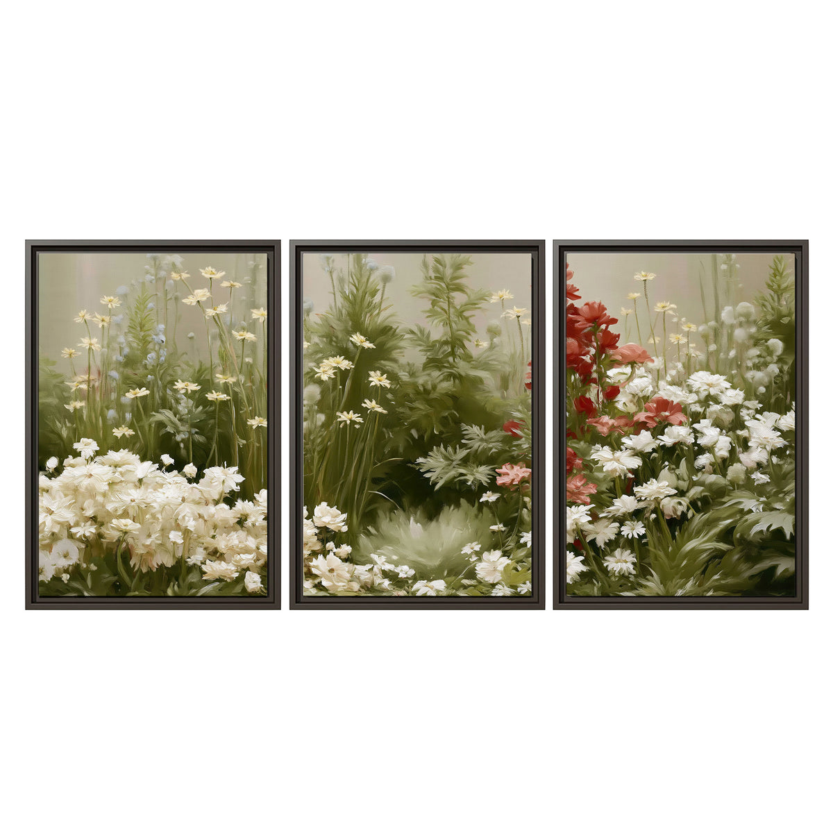 A soft meadow of white daisies and tall red blooms against a green background 3 piece framed canvas wall art viewed straight on