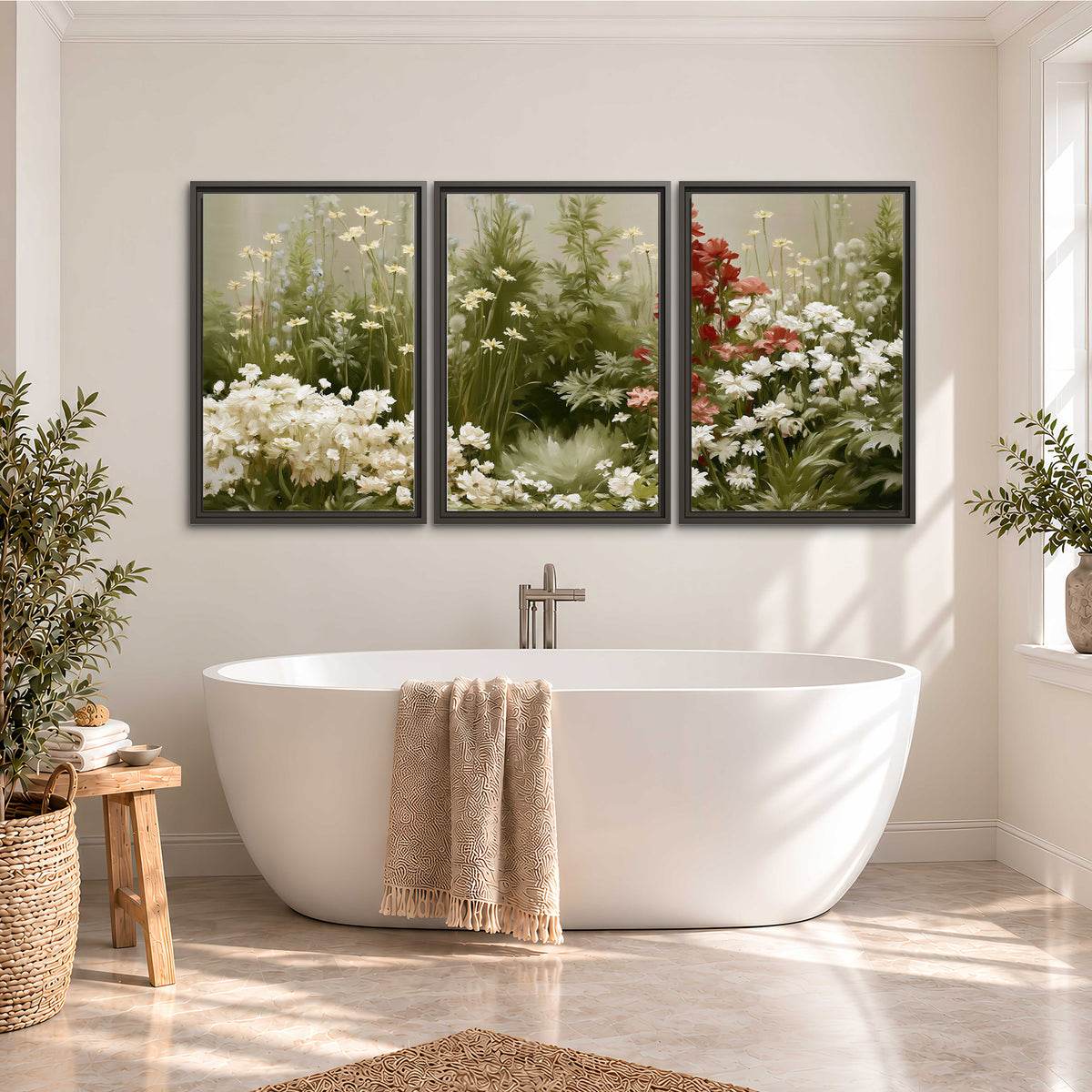 A soft meadow of white daisies and tall red blooms against a green background 3 piece framed canvas wall art styled in an interior