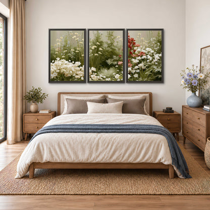 A soft meadow of white daisies and tall red blooms against a green background 3 piece framed canvas wall art styled in an interior
