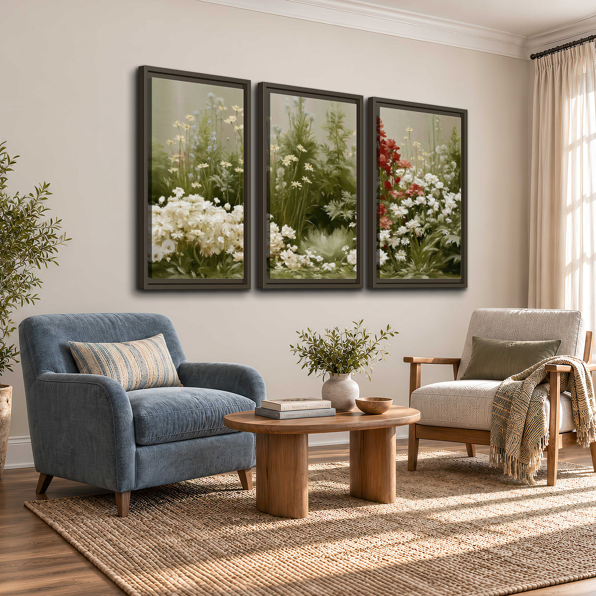 A soft meadow of white daisies and tall red blooms against a green background 3 piece framed canvas wall art styled in an interior