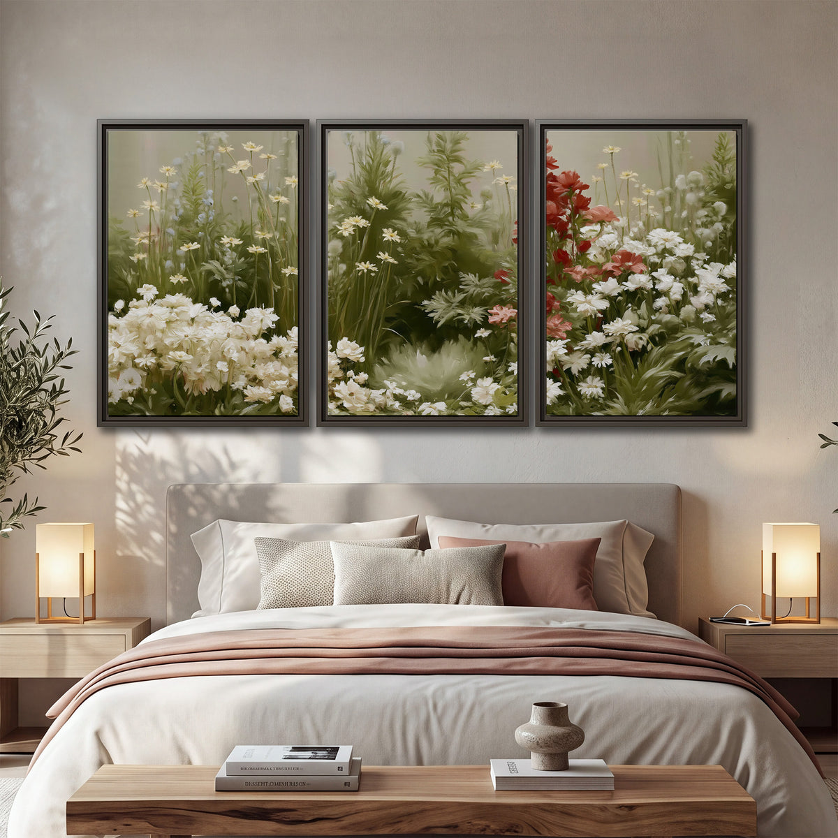 A soft meadow of white daisies and tall red blooms against a green background 3 piece framed canvas wall art displayed in a bedroom