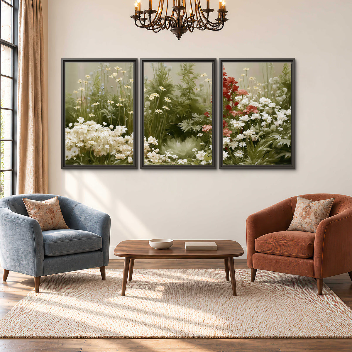 A soft meadow of white daisies and tall red blooms against a green background 3 piece framed canvas wall art styled in an interior