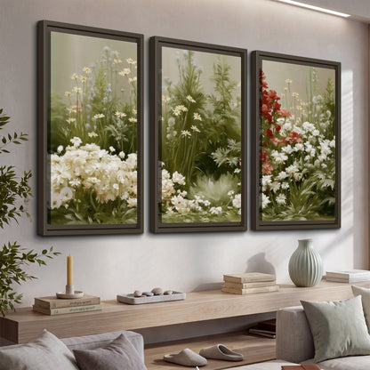 A soft meadow of white daisies and tall red blooms against a green background 3 piece framed canvas wall art displayed in a console