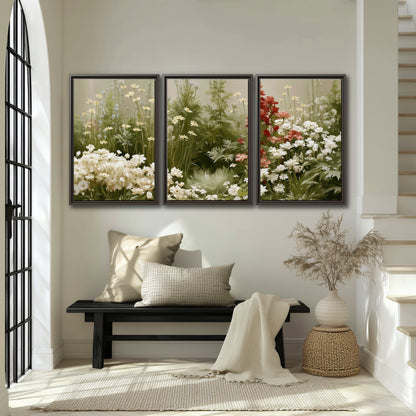 A soft meadow of white daisies and tall red blooms against a green background 3 piece framed canvas wall art displayed in a entryway