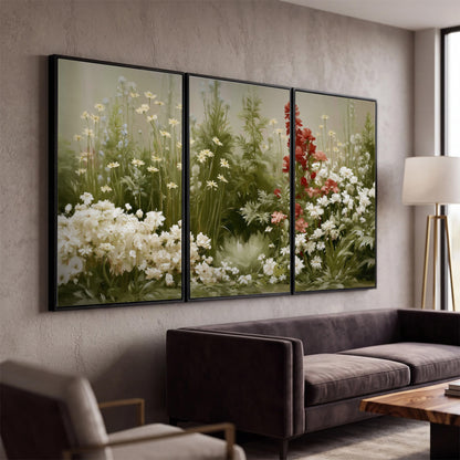 A soft meadow of white daisies and tall red blooms against a green background 3 piece framed canvas wall art displayed in a modern living room