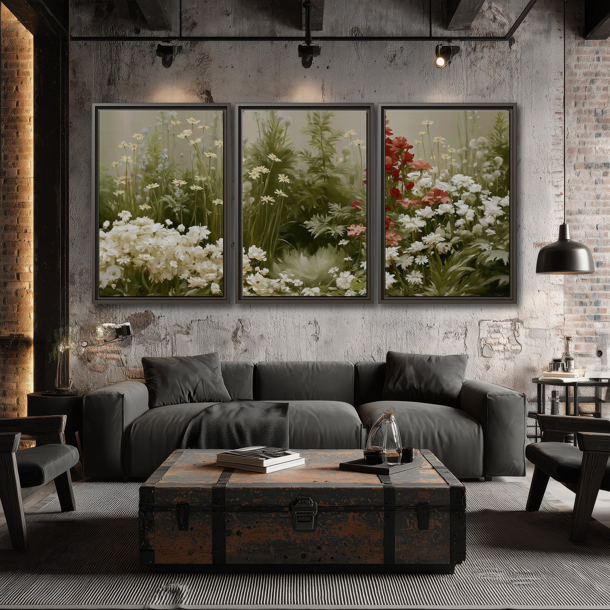 A soft meadow of white daisies and tall red blooms against a green background 3 piece framed canvas wall art displayed in a industrial room
