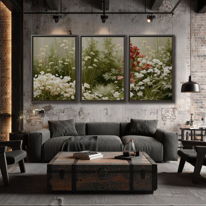 A soft meadow of white daisies and tall red blooms against a green background 3 piece framed canvas wall art displayed in a industrial room