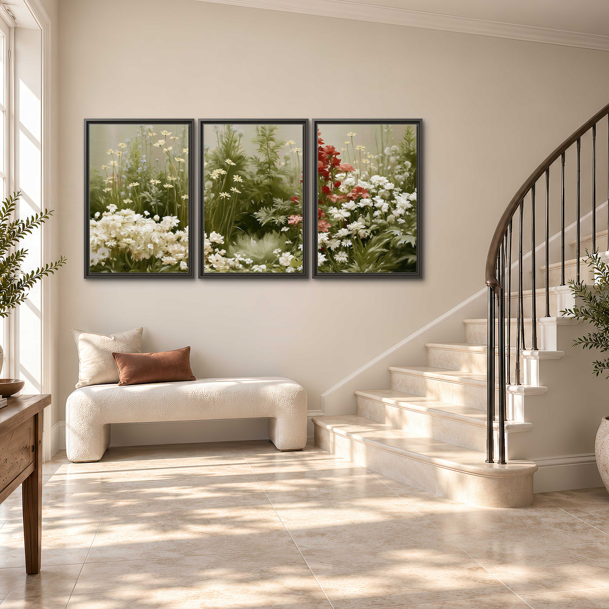 A soft meadow of white daisies and tall red blooms against a green background 3 piece framed canvas wall art styled in an interior