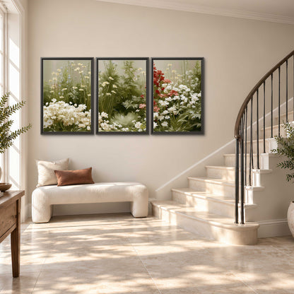 A soft meadow of white daisies and tall red blooms against a green background 3 piece framed canvas wall art styled in an interior