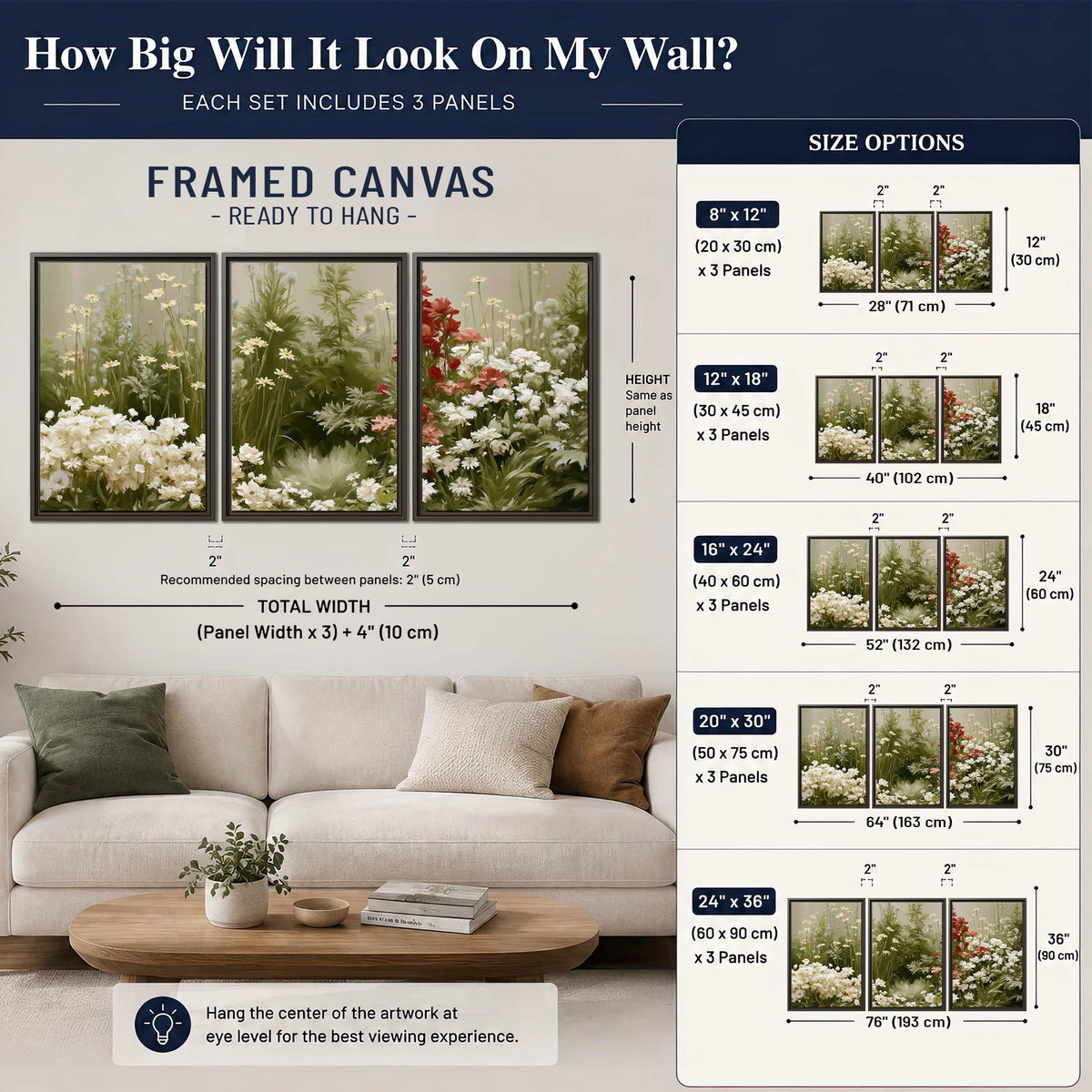 A soft meadow of white daisies and tall red blooms against a green background 3 piece framed canvas wall art size guide above a sofa; room view is illustrative