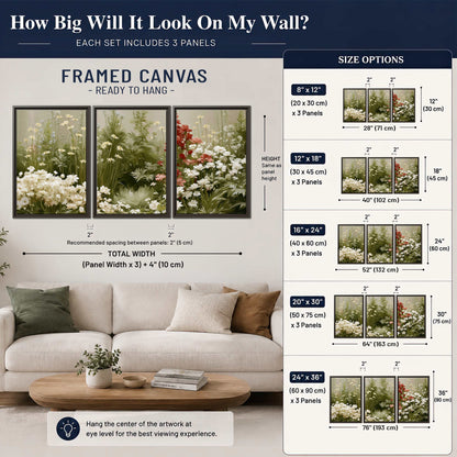 A soft meadow of white daisies and tall red blooms against a green background 3 piece framed canvas wall art size guide above a sofa; room view is illustrative