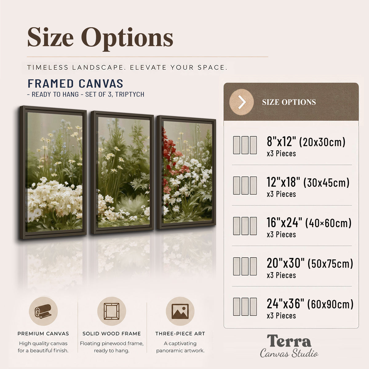 A soft meadow of white daisies and tall red blooms against a green background 3 piece framed canvas wall art available dimensions; triptych dimensions are per panel