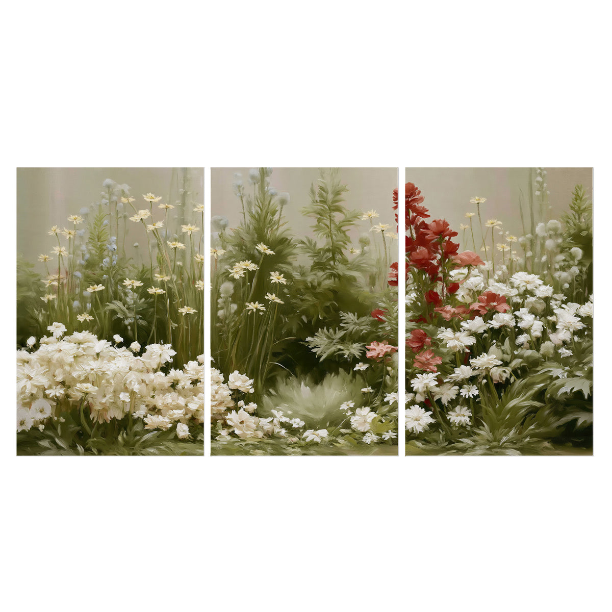 A soft meadow of white daisies and tall red blooms against a green background set of 3 poster prints viewed straight on