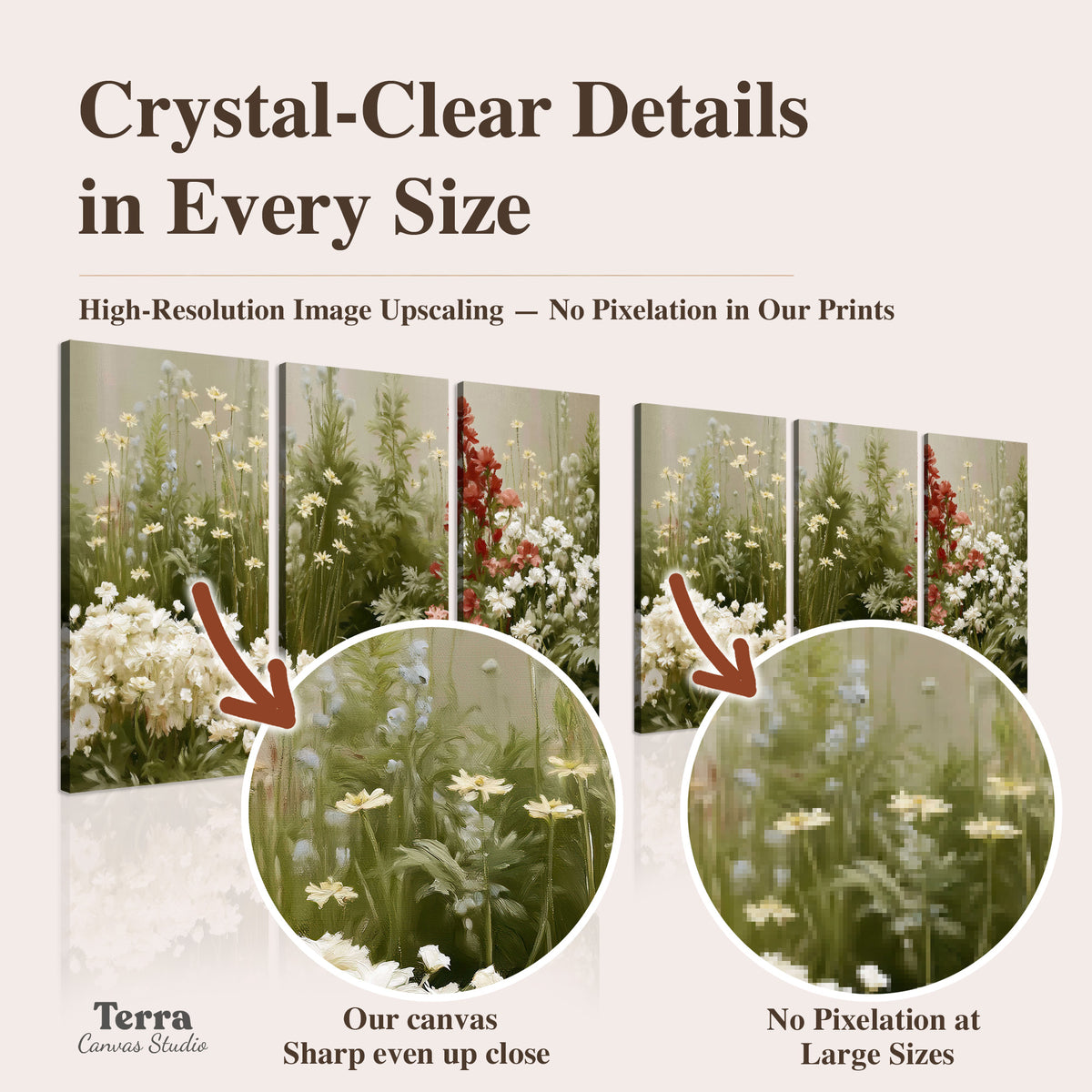 A soft meadow of white daisies and tall red blooms against a green background artwork quality information