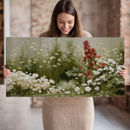 A soft meadow of white daisies and tall red blooms against a green background single canvas wall art held in hands