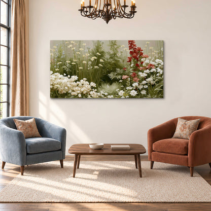 A soft meadow of white daisies and tall red blooms against a green background single canvas wall art styled in an interior