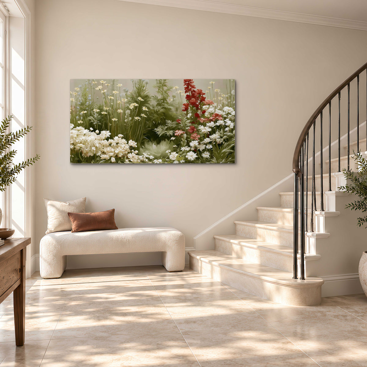 A soft meadow of white daisies and tall red blooms against a green background single canvas wall art styled in an interior