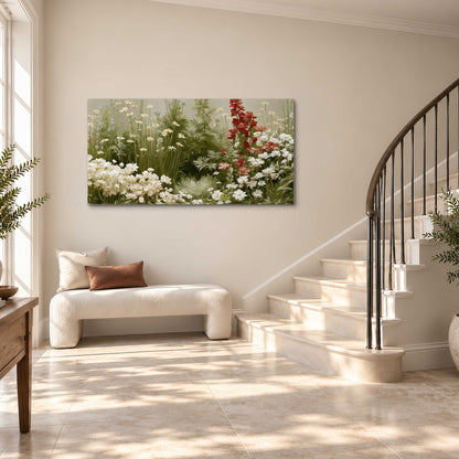 A soft meadow of white daisies and tall red blooms against a green background single canvas wall art styled in an interior