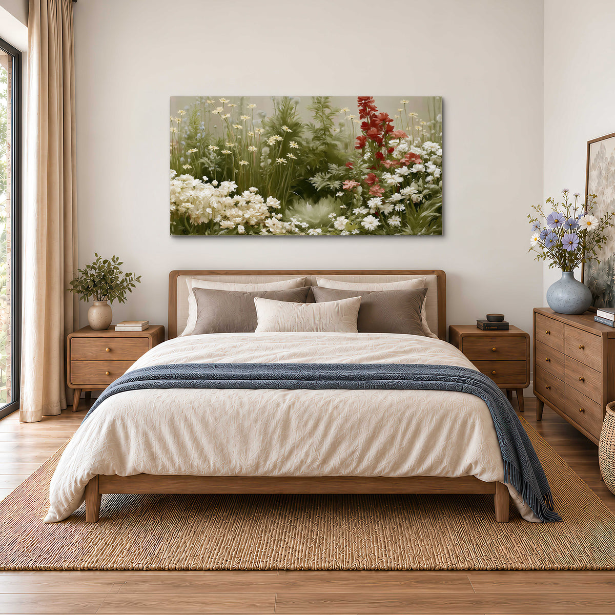 A soft meadow of white daisies and tall red blooms against a green background single canvas wall art styled in an interior