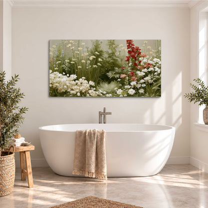 A soft meadow of white daisies and tall red blooms against a green background single canvas wall art styled in an interior