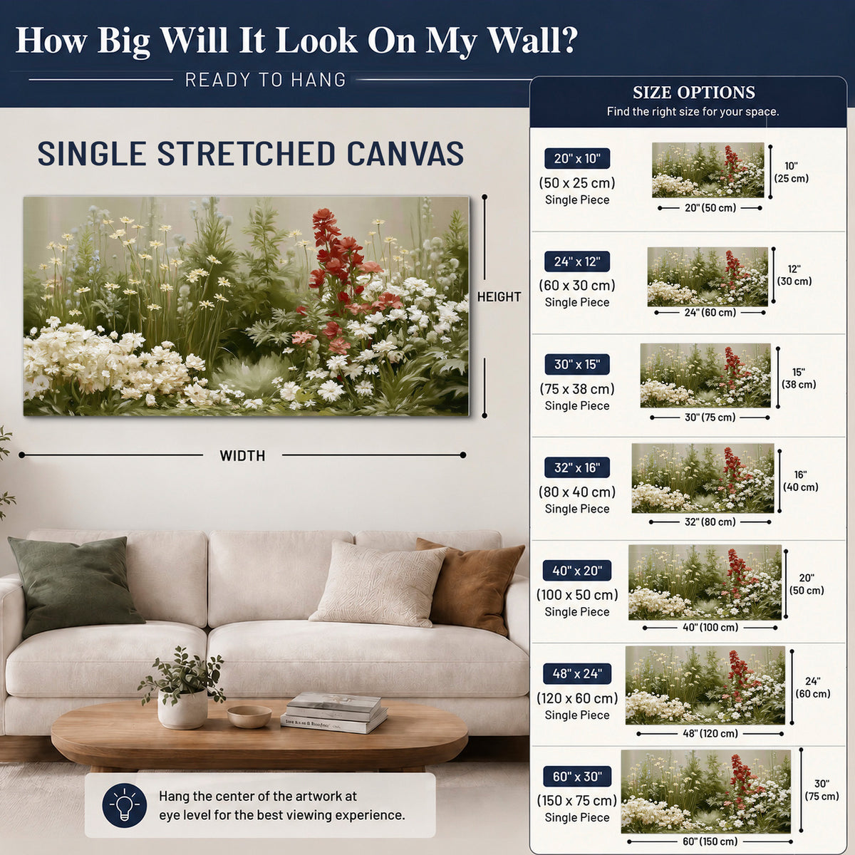 A soft meadow of white daisies and tall red blooms against a green background single canvas wall art size guide above a sofa; room view is illustrative