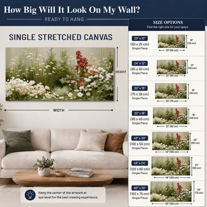 A soft meadow of white daisies and tall red blooms against a green background single canvas wall art size guide above a sofa; room view is illustrative