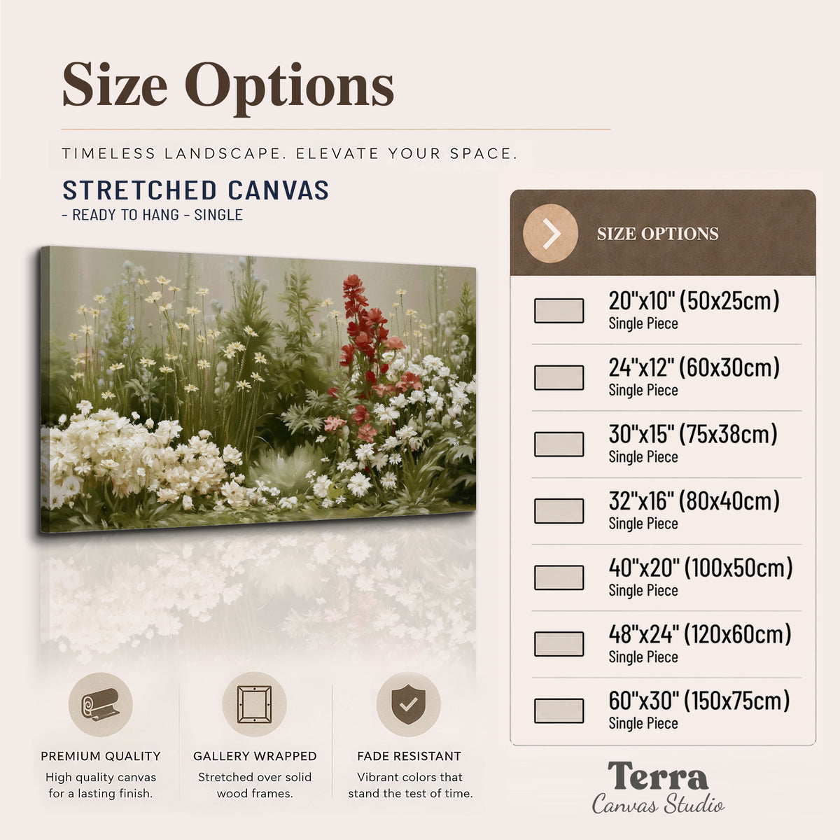 A soft meadow of white daisies and tall red blooms against a green background single canvas wall art available dimensions