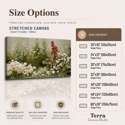 A soft meadow of white daisies and tall red blooms against a green background single canvas wall art available dimensions