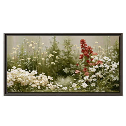 A soft meadow of white daisies and tall red blooms against a green background single framed canvas wall art viewed straight on