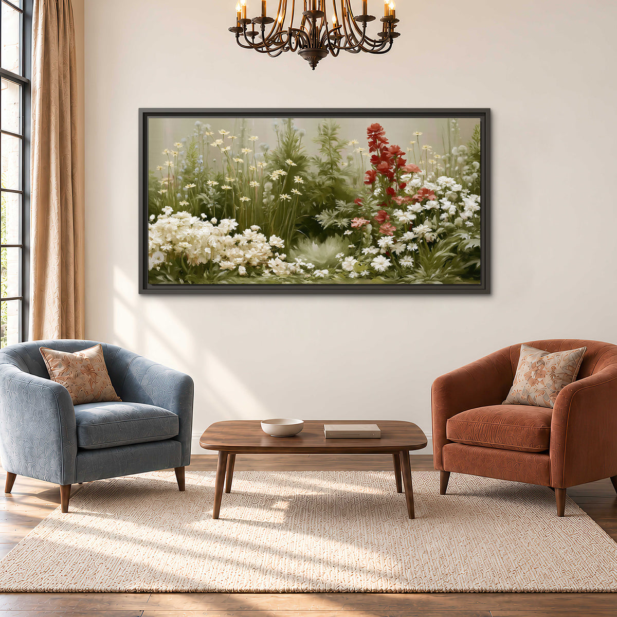A soft meadow of white daisies and tall red blooms against a green background single framed canvas wall art styled in an interior