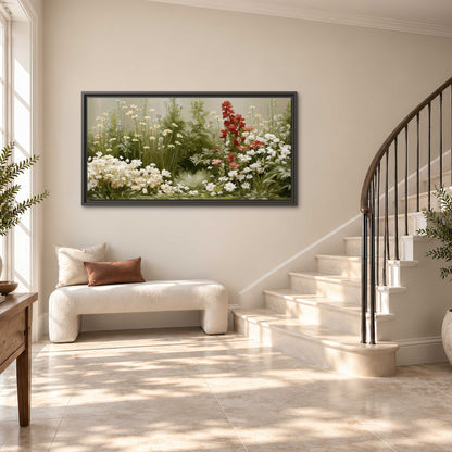 A soft meadow of white daisies and tall red blooms against a green background single framed canvas wall art styled in an interior