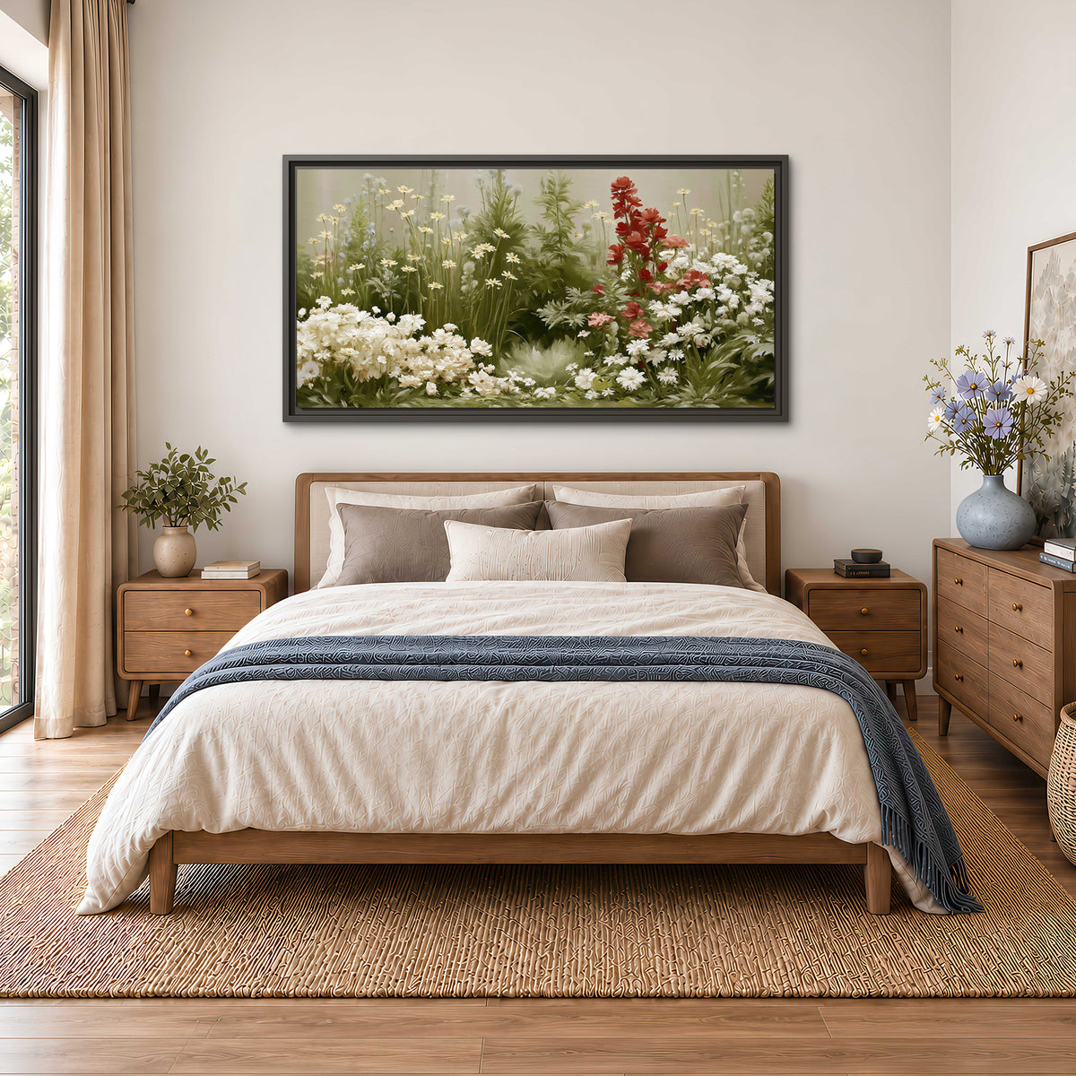 A soft meadow of white daisies and tall red blooms against a green background single framed canvas wall art styled in an interior