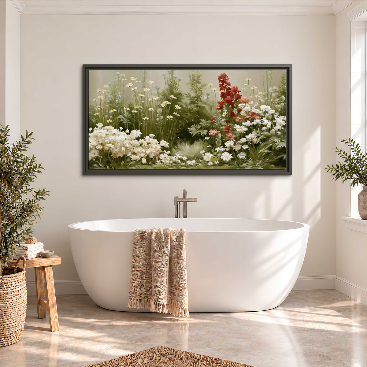A soft meadow of white daisies and tall red blooms against a green background single framed canvas wall art styled in an interior