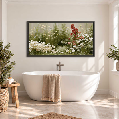 A soft meadow of white daisies and tall red blooms against a green background single framed canvas wall art styled in an interior