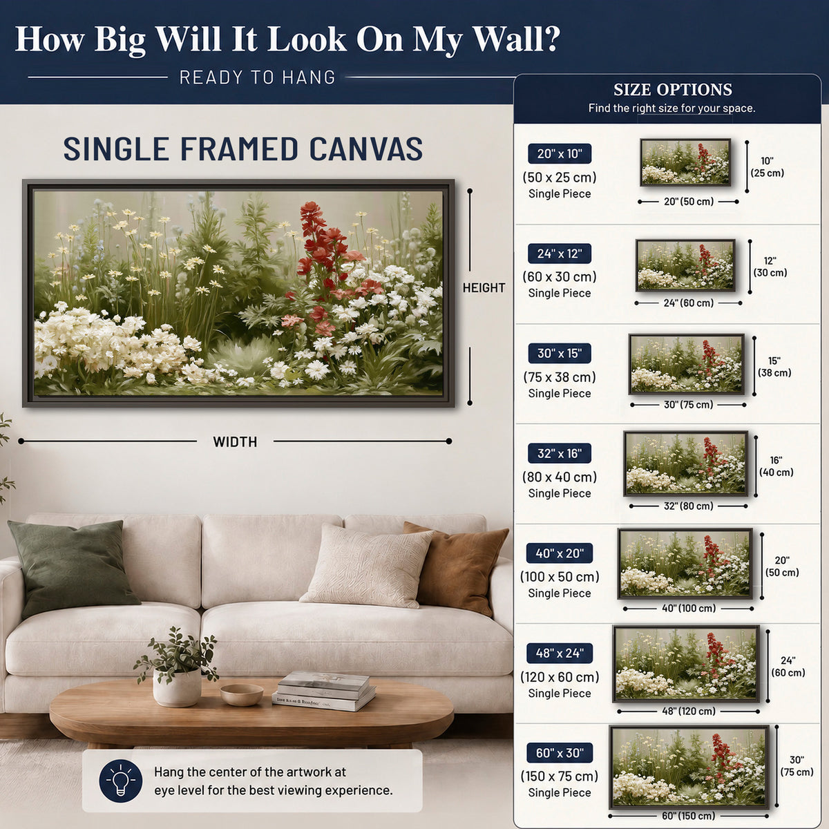 A soft meadow of white daisies and tall red blooms against a green background single framed canvas wall art size guide above a sofa; room view is illustrative