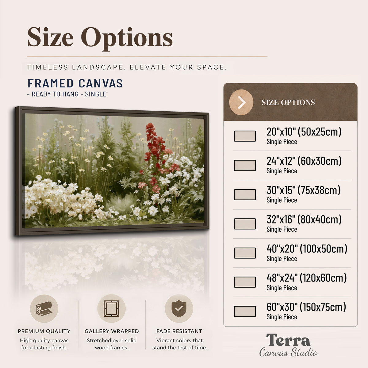 A soft meadow of white daisies and tall red blooms against a green background single framed canvas wall art available dimensions