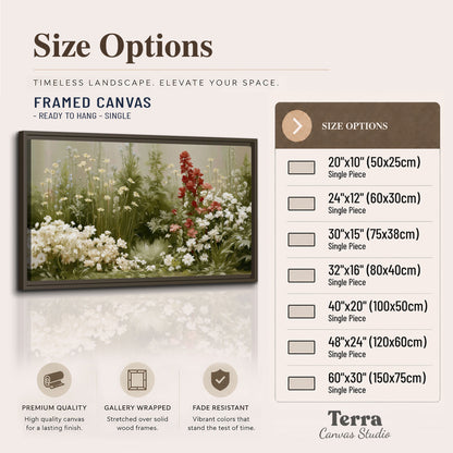 A soft meadow of white daisies and tall red blooms against a green background single framed canvas wall art available dimensions