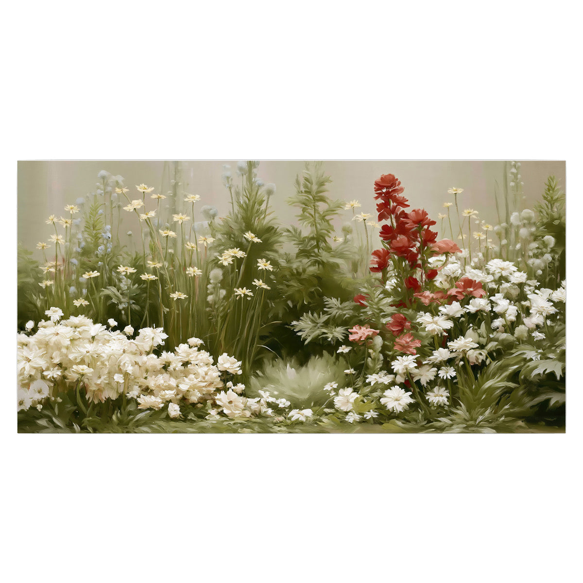 A soft meadow of white daisies and tall red blooms against a green background single poster print viewed straight on