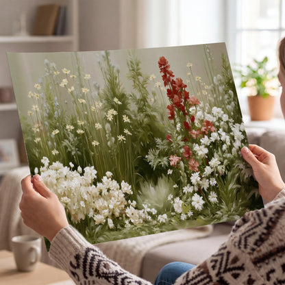A soft meadow of white daisies and tall red blooms against a green background single poster print held in hands